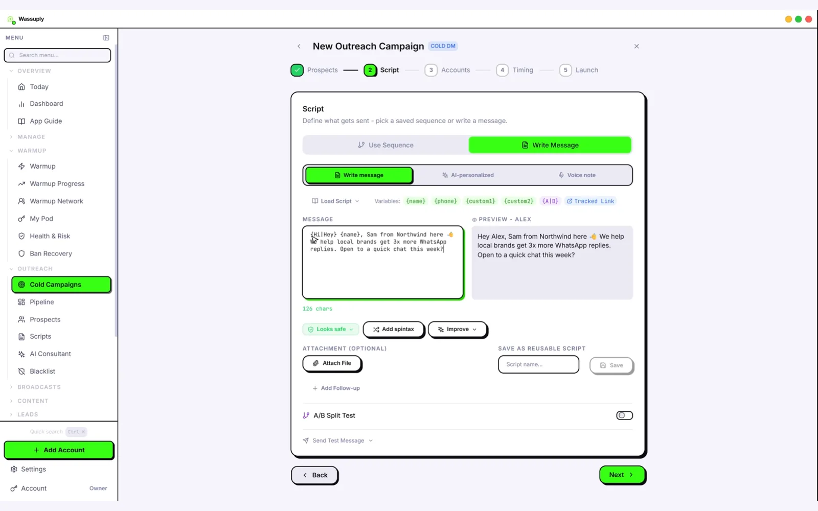 Wassuply campaign wizard, Script step: a spintax message with the {name} merge field and a live preview