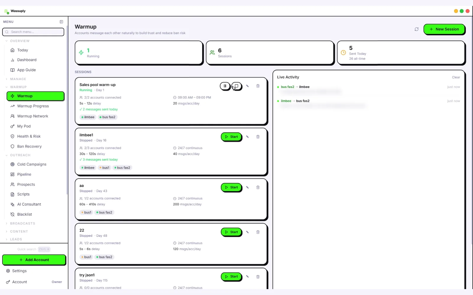 Wassuply app window on the Warmup screen: one session running, six sessions, session cards and live activity